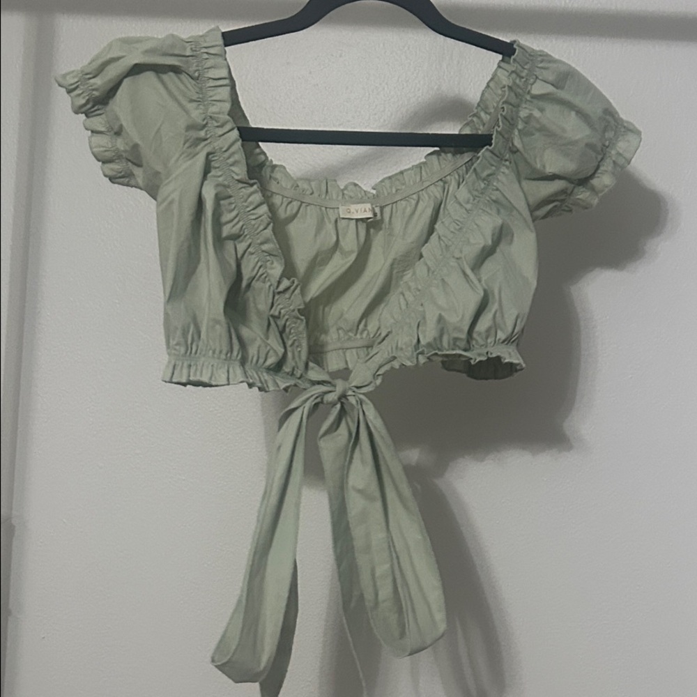 Chic Light Green Ruffle Tie-Front Blouse
